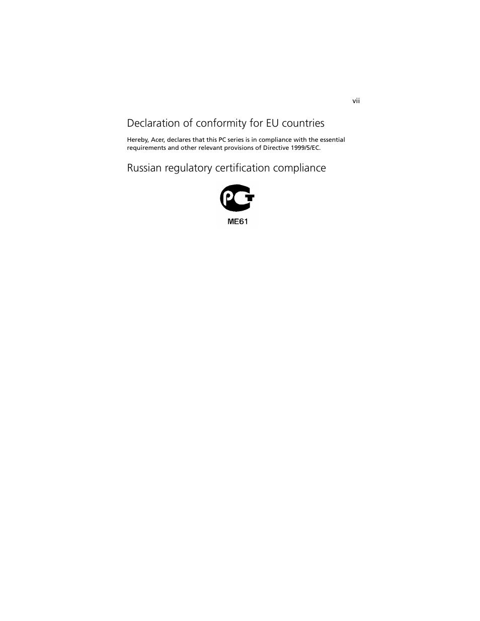 Declaration of conformity for eu countries, Russian regulatory certification compliance | Acer Altos R5250 User Manual | Page 7 / 142