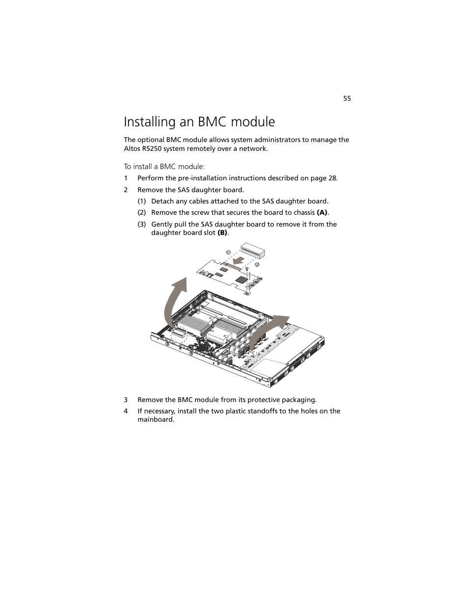 Installing an bmc module | Acer Altos R5250 User Manual | Page 73 / 142