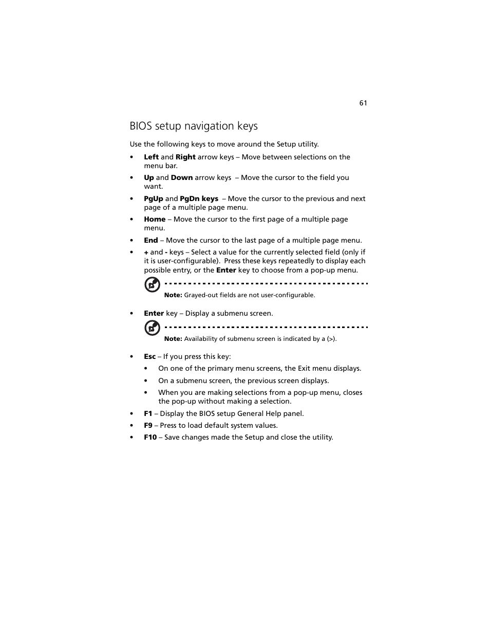 Bios setup navigation keys | Acer Altos R5250 User Manual | Page 79 / 142