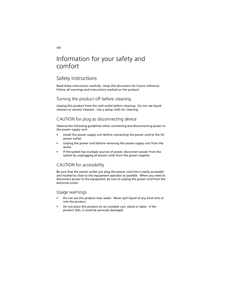 Information for your safety and comfort, Safety instructions, Turning the product off before cleaning | Caution for plug as disconnecting device, Caution for accessibility, Usage warnings | Acer Altos R5250 User Manual | Page 8 / 142