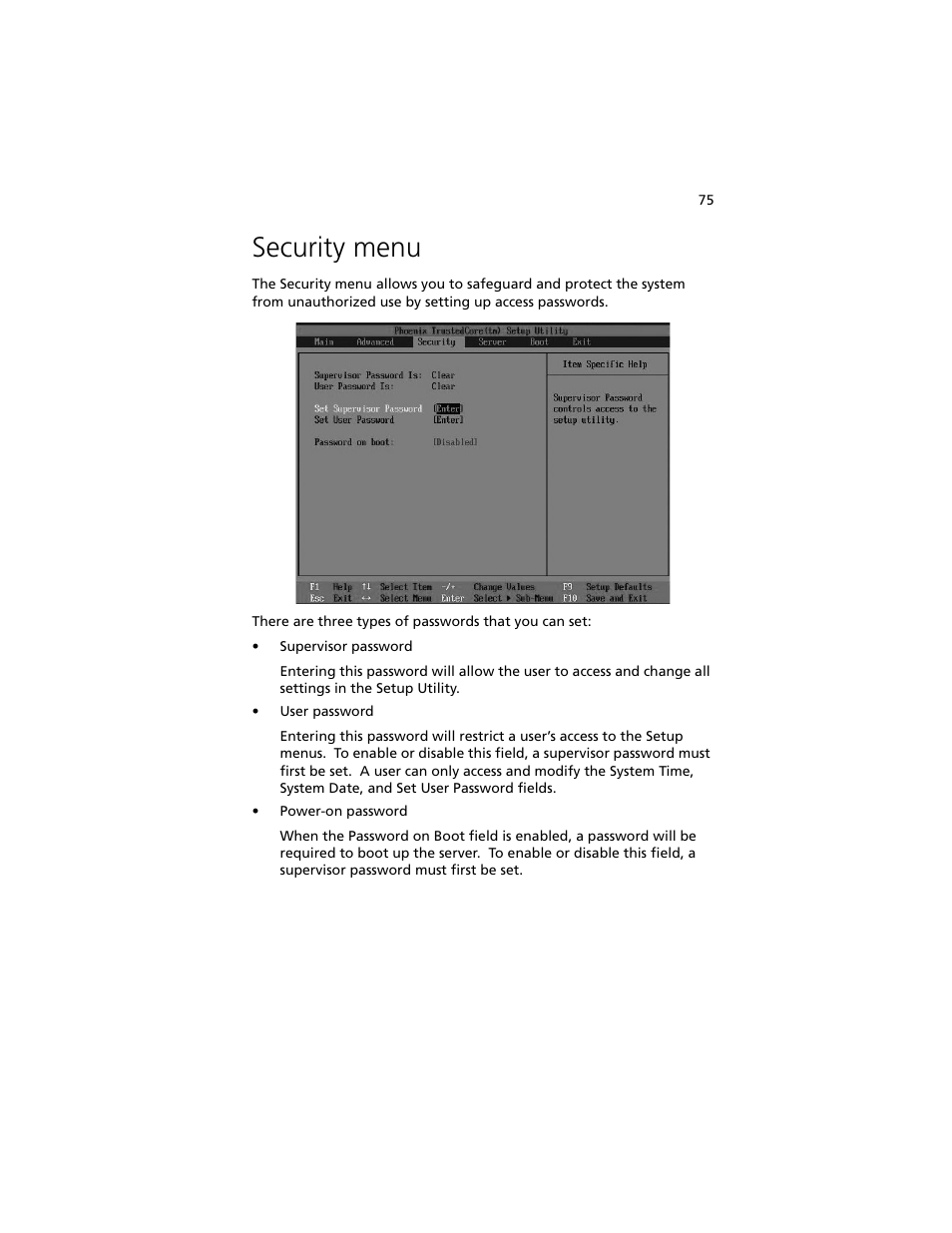 Security menu | Acer Altos R5250 User Manual | Page 93 / 142