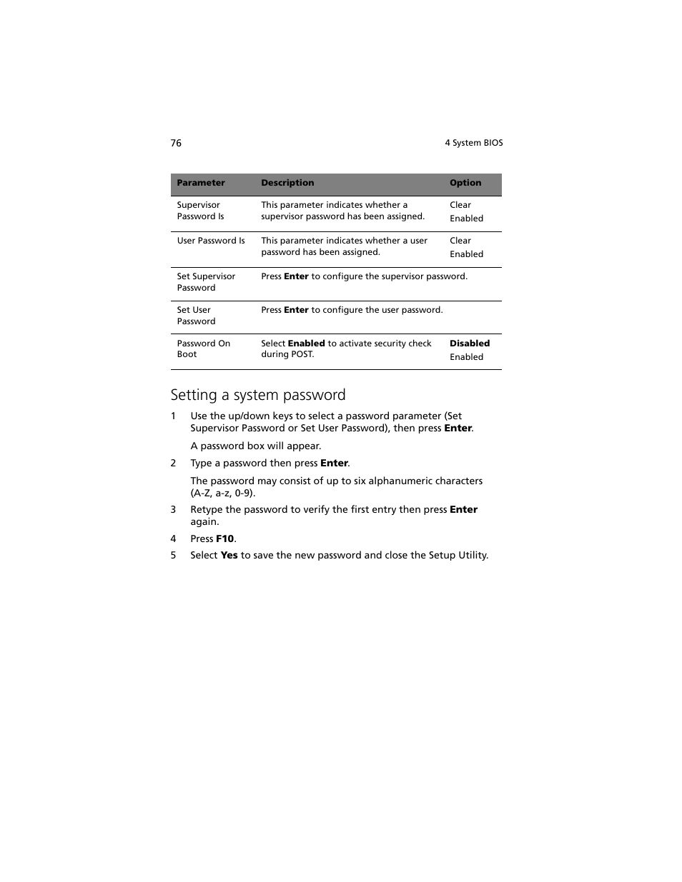 Setting a system password | Acer Altos R5250 User Manual | Page 94 / 142