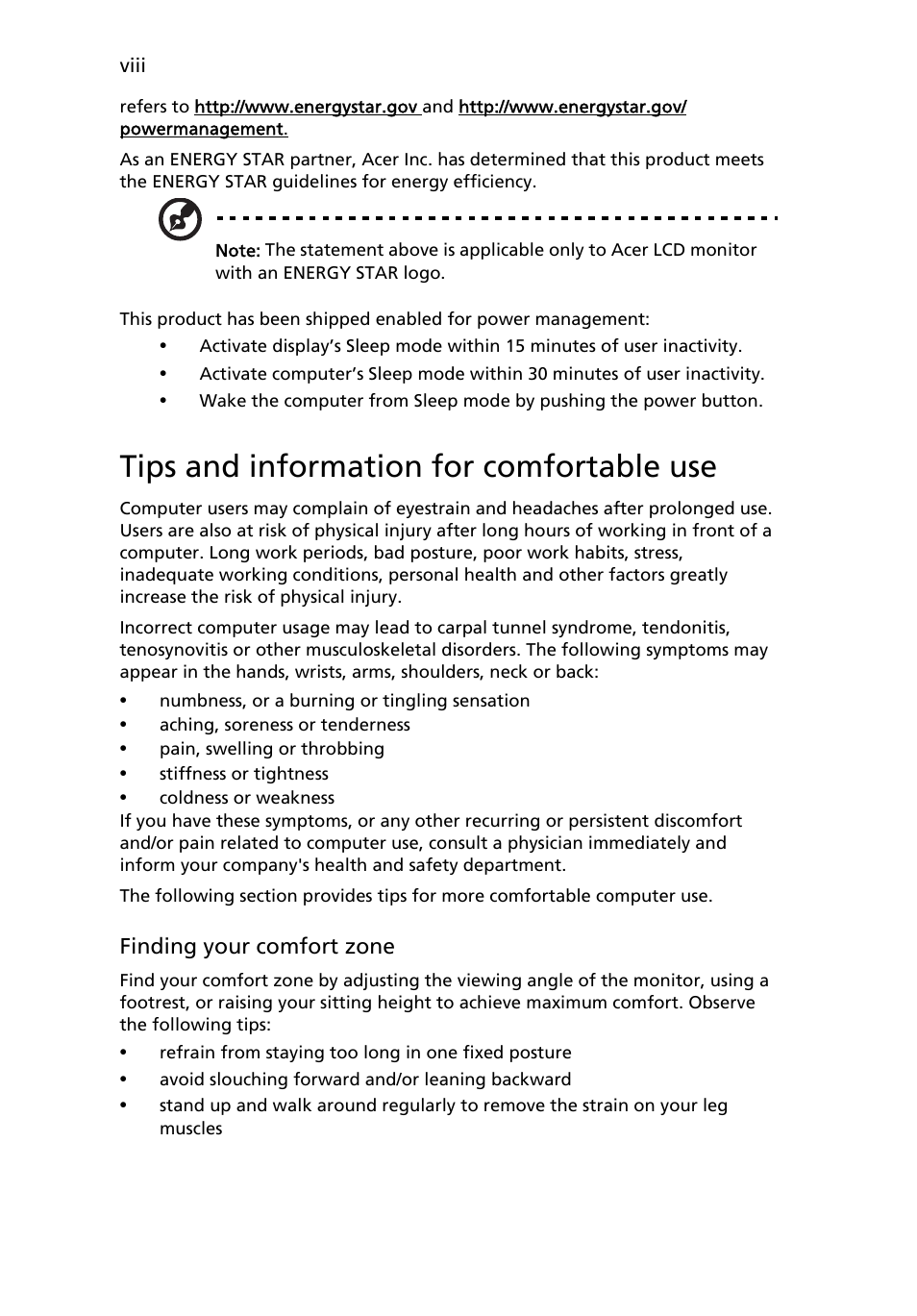 Tips and information for comfortable use | Acer B243W User Manual | Page 8 / 30