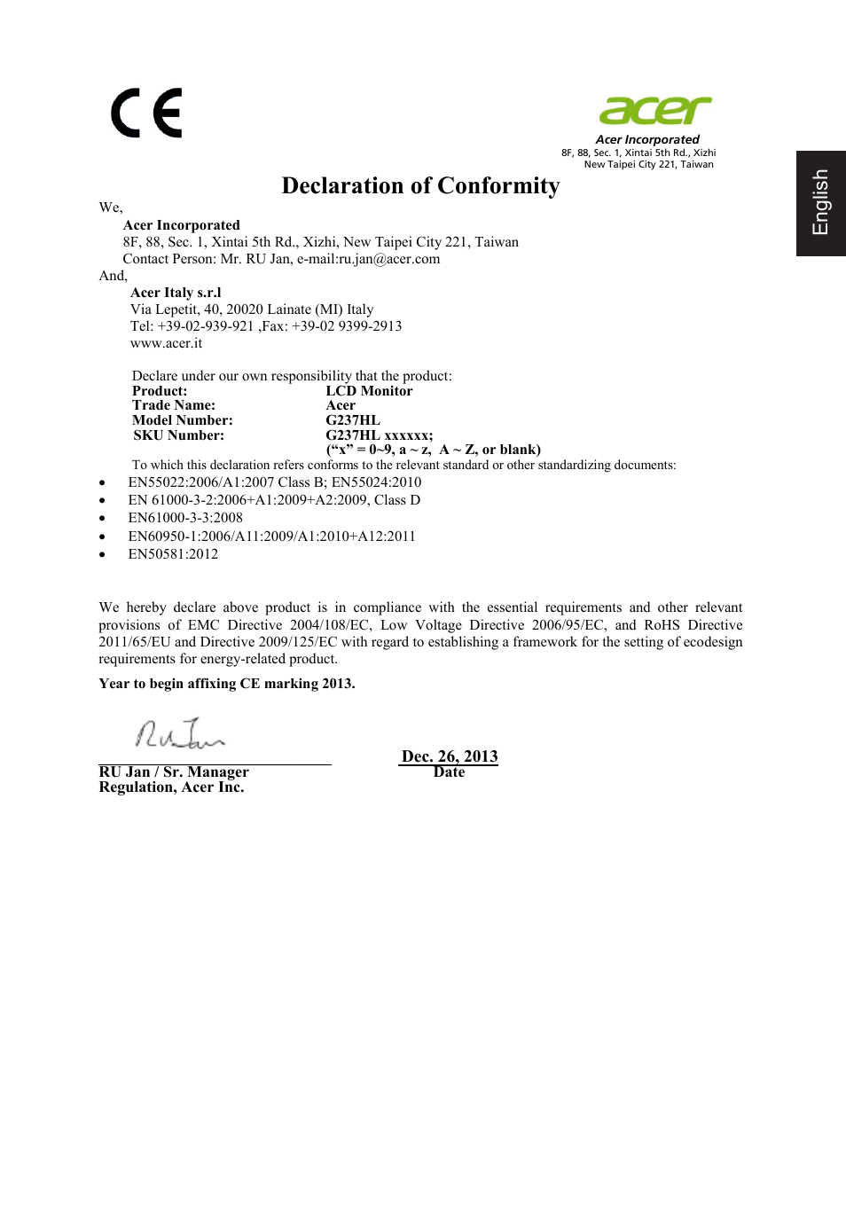 Declaration of conformity, English | Acer G237HL User Manual | Page 5 / 7