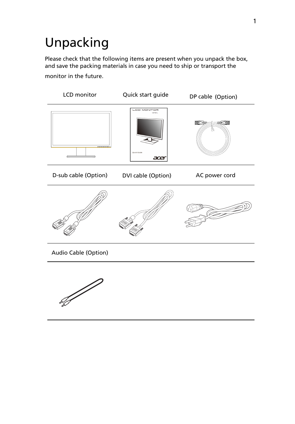 Unpacking | Acer V276HL User Manual | Page 13 / 27