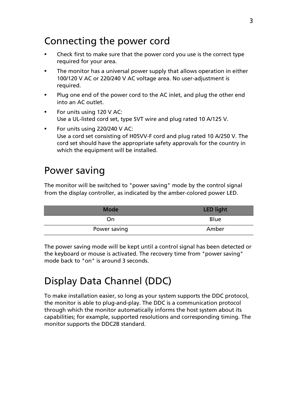 Connecting the power cord, Power saving, Display data channel (ddc) | Acer V276HL User Manual | Page 15 / 27