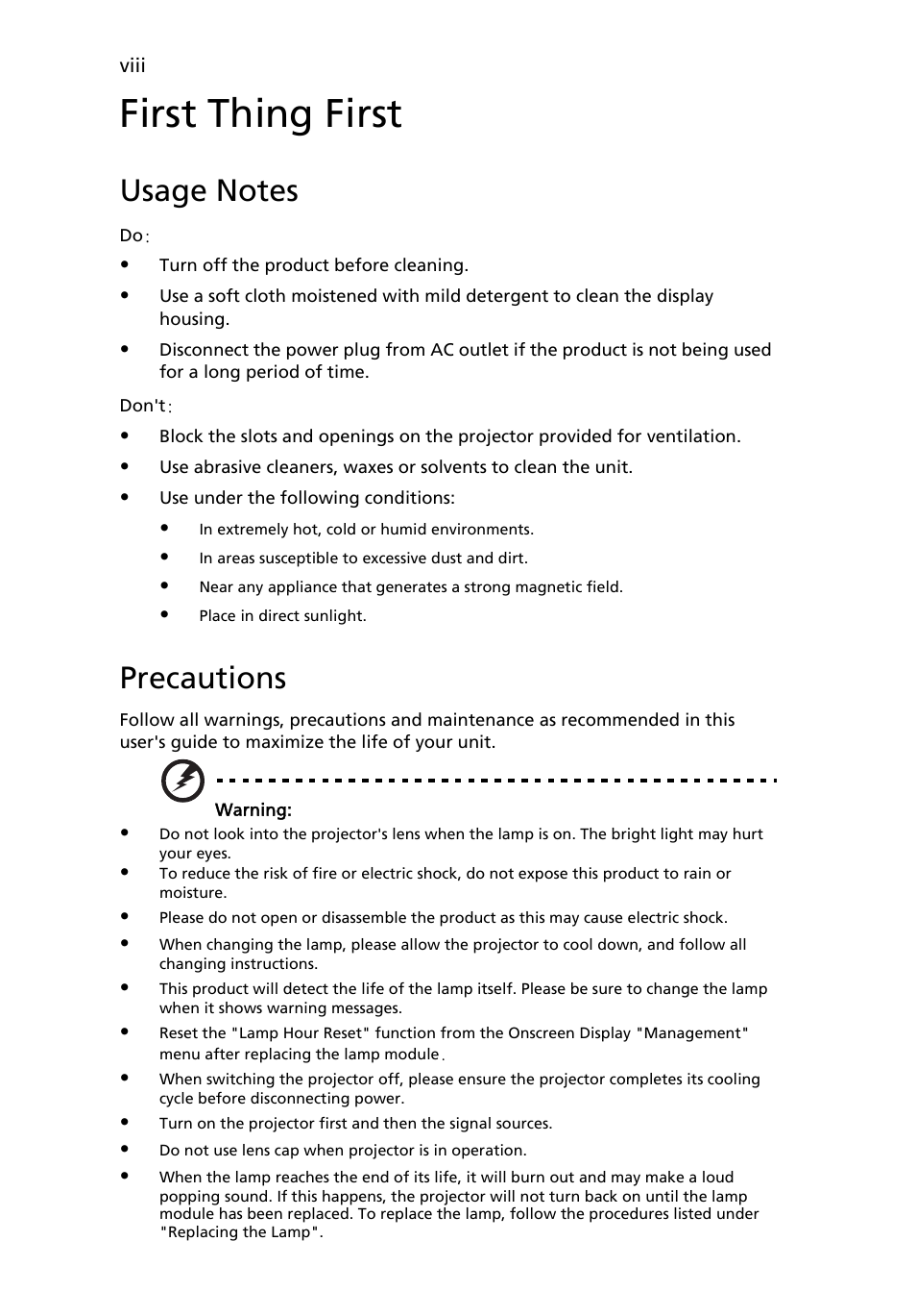 First thing first, Usage notes, Precautions | Acer S5201M User Manual | Page 8 / 64