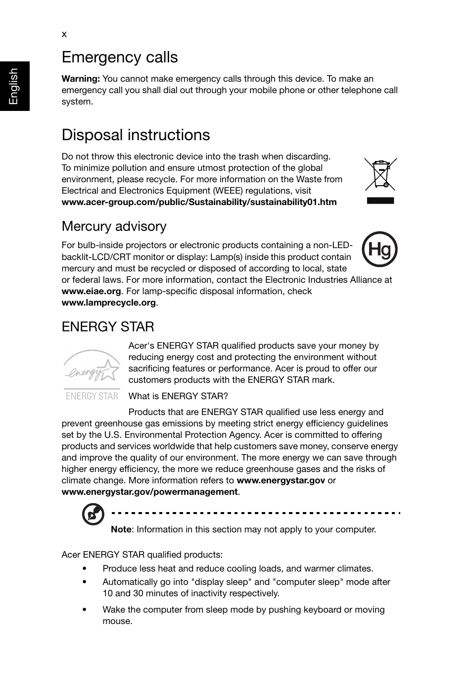 Emergency calls, Disposal instructions, Mercury advisory | Energy star | Acer Aspire E1-521 User Manual | Page 10 / 80