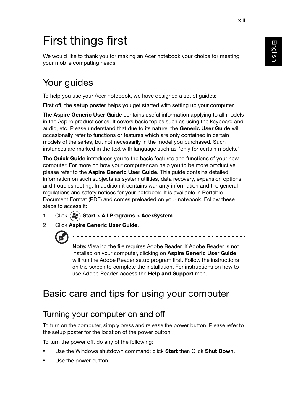 First things first, Your guides, Basic care and tips for using your computer | Turning your computer on and off | Acer Aspire E1-521 User Manual | Page 13 / 80