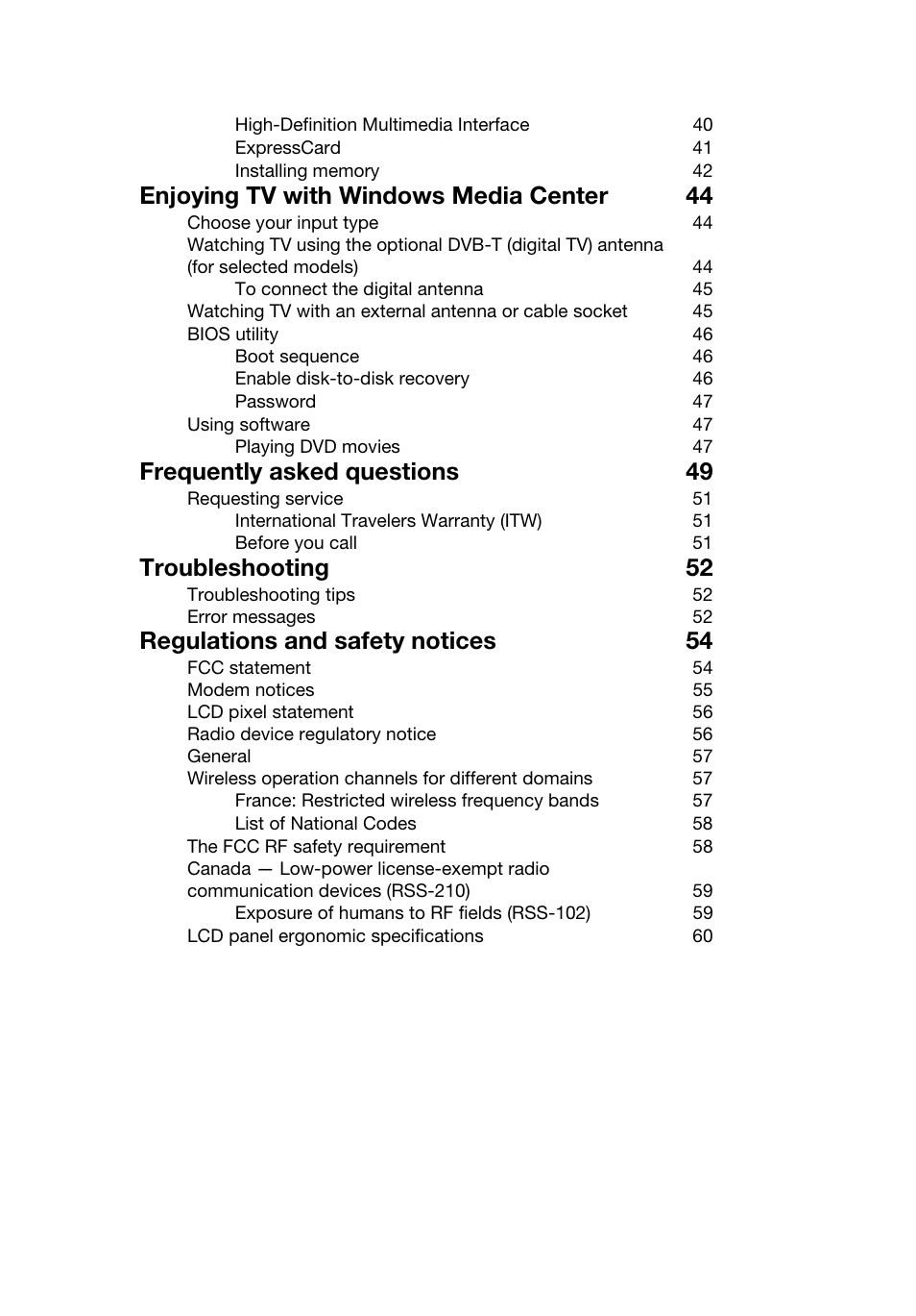 Enjoying tv with windows media center 44, Frequently asked questions 49, Troubleshooting 52 | Regulations and safety notices 54 | Acer Aspire E1-521 User Manual | Page 19 / 80