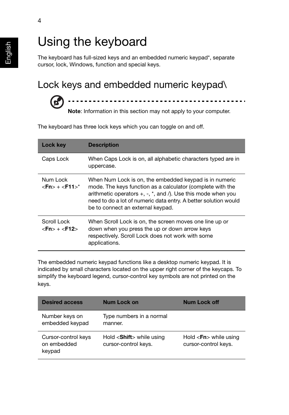 Using the keyboard, Lock keys and embedded numeric keypad | Acer Aspire E1-521 User Manual | Page 24 / 80