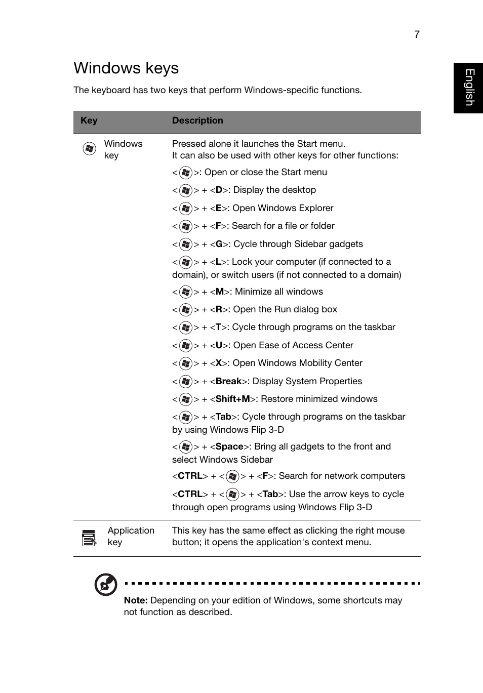 Windows keys, English | Acer Aspire E1-521 User Manual | Page 27 / 80