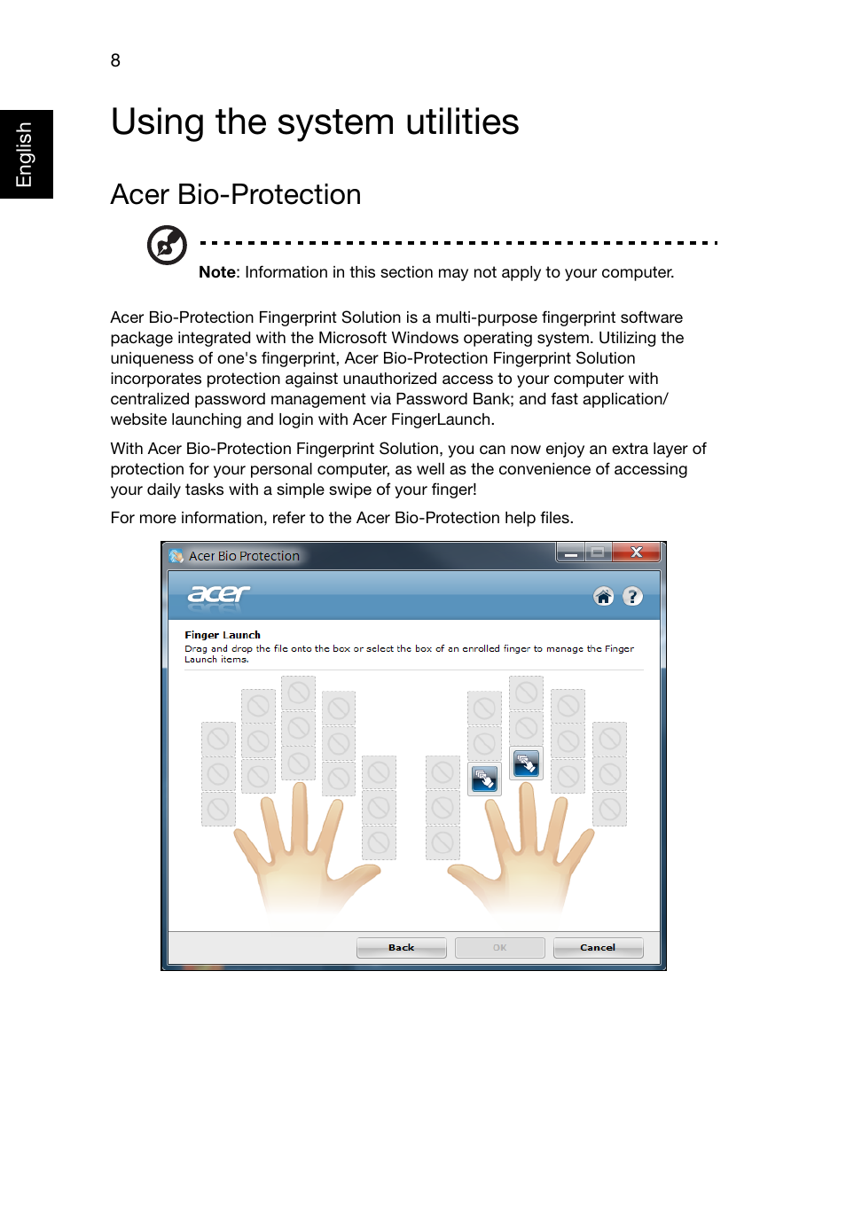 Using the system utilities, Acer bio-protection | Acer Aspire E1-521 User Manual | Page 28 / 80