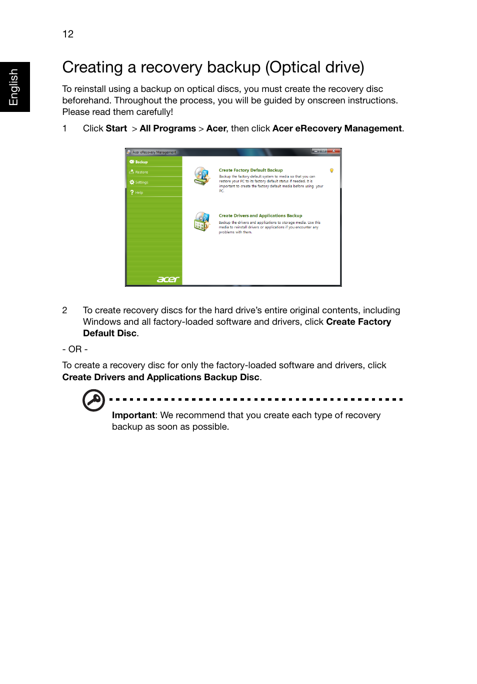 Creating a recovery backup (optical drive) | Acer Aspire E1-521 User Manual | Page 32 / 80