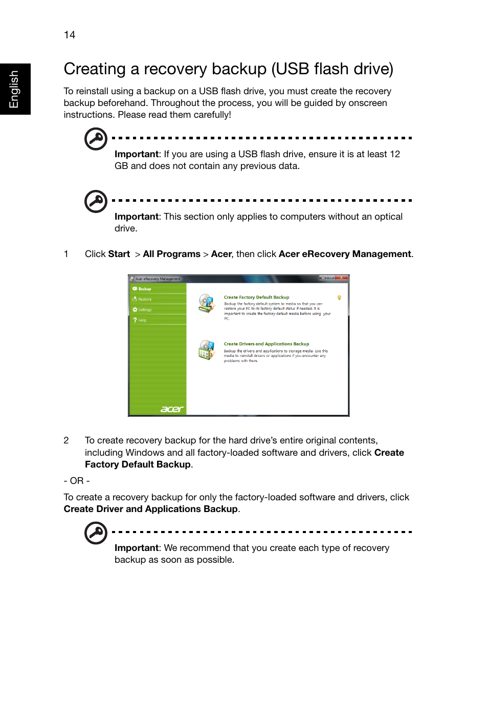 Creating a recovery backup (usb flash drive) | Acer Aspire E1-521 User Manual | Page 34 / 80