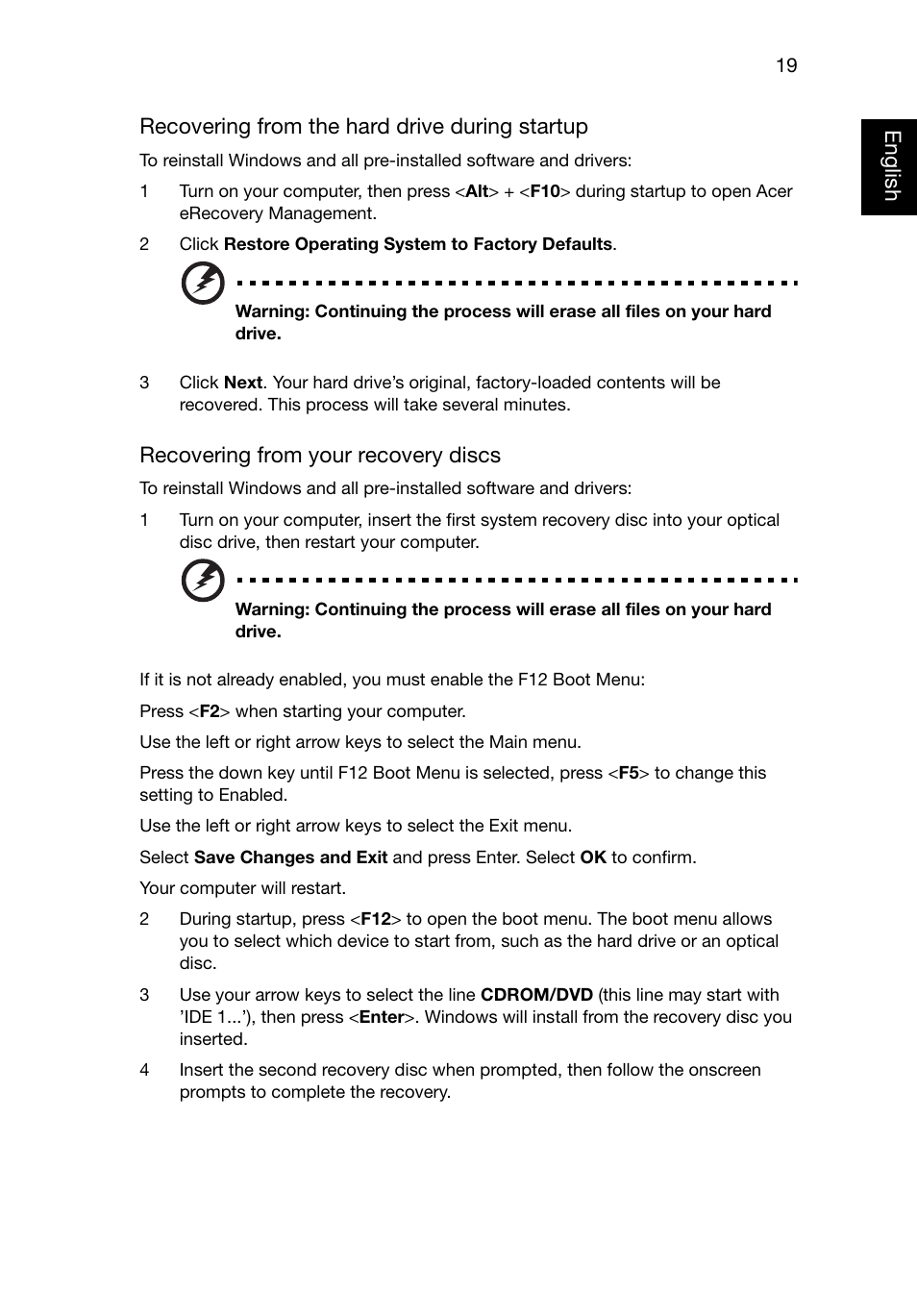 Recovering from, Recovering from your recovery discs | Acer Aspire E1-521 User Manual | Page 39 / 80