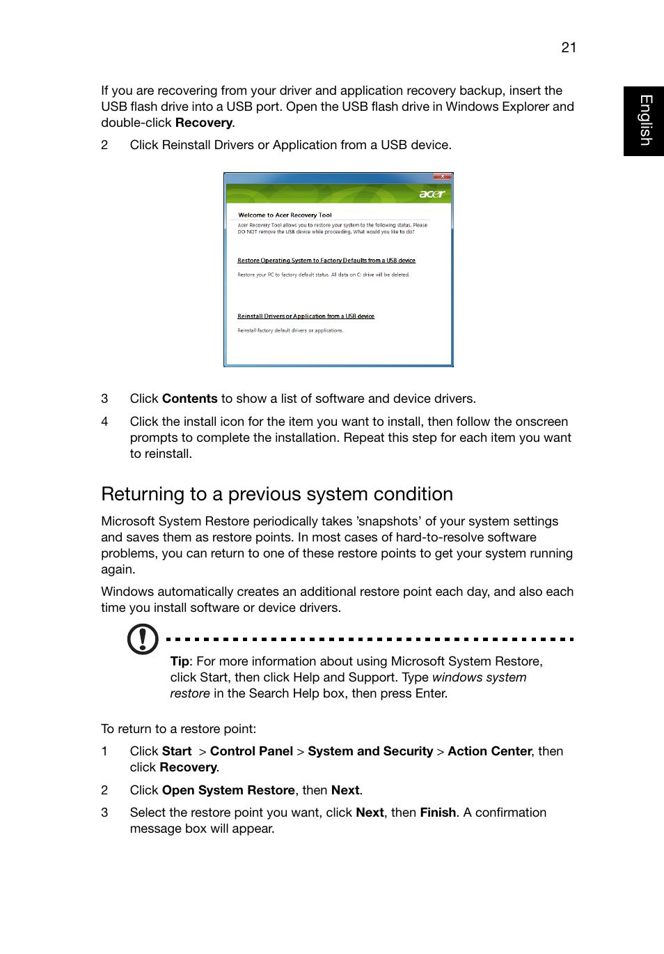 Returning to a previous system condition | Acer Aspire E1-521 User Manual | Page 41 / 80