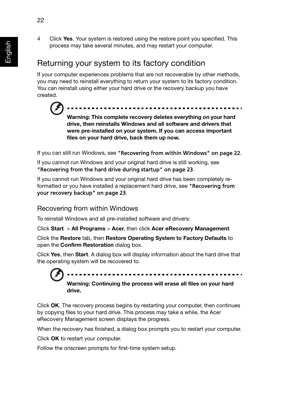 Returning your system to its factory condition, Condition, see | Acer Aspire E1-521 User Manual | Page 42 / 80