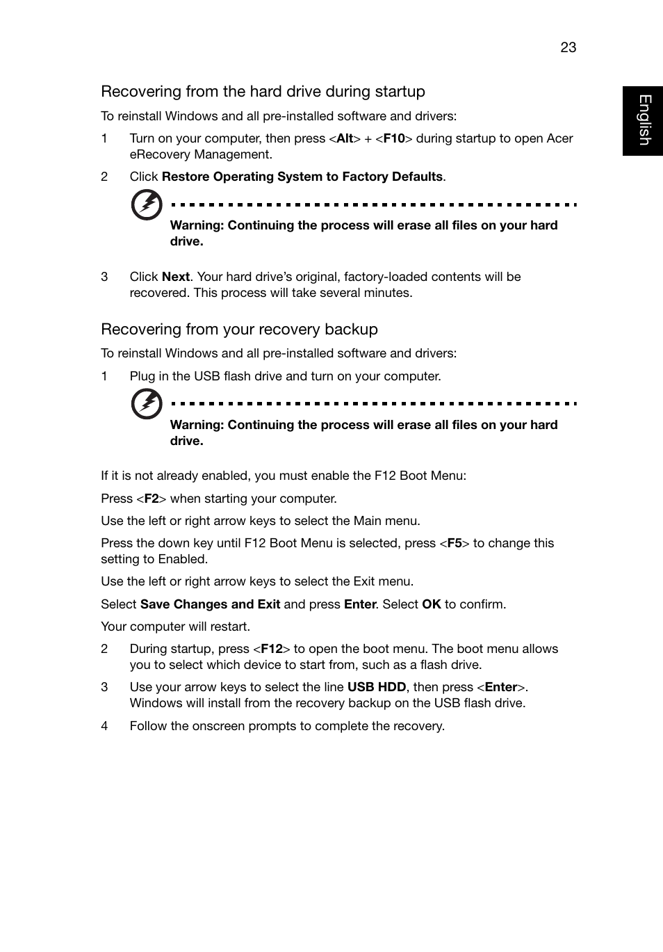 Recovering from, Recovering from your recovery backup | Acer Aspire E1-521 User Manual | Page 43 / 80