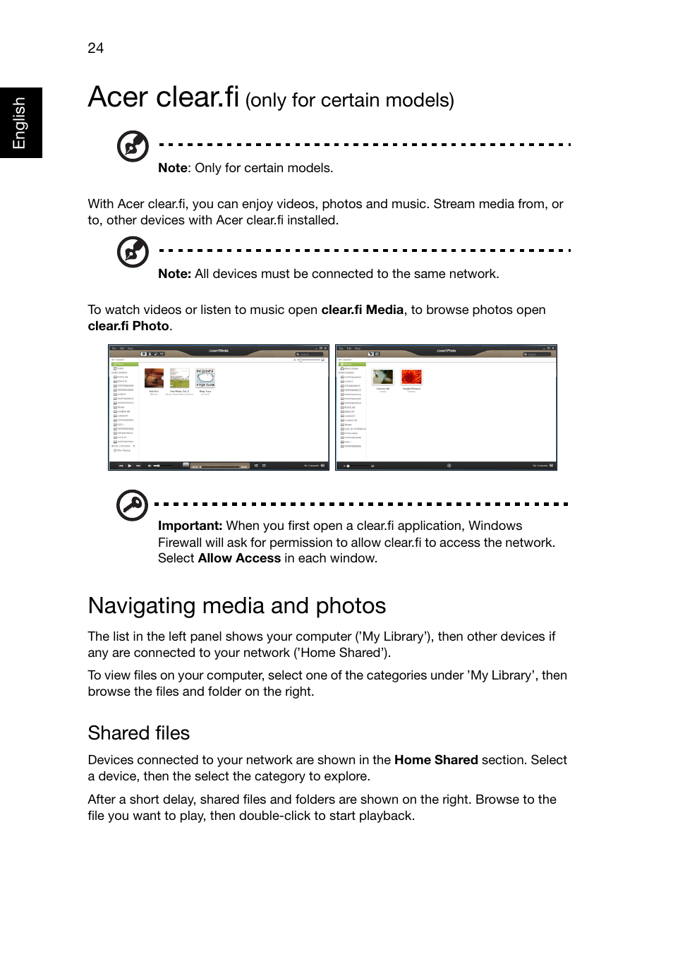 Acer clear.fi (only for certain models), Navigating media and photos, Shared files | Acer clear.fi, Only for certain models) | Acer Aspire E1-521 User Manual | Page 44 / 80