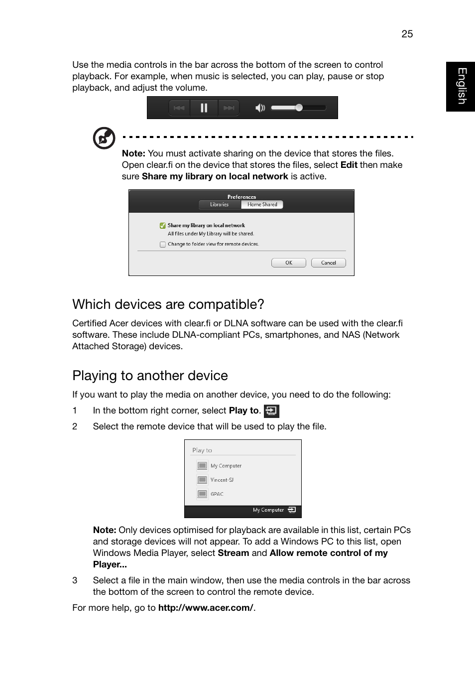 Which devices are compatible, Playing to another device | Acer Aspire E1-521 User Manual | Page 45 / 80