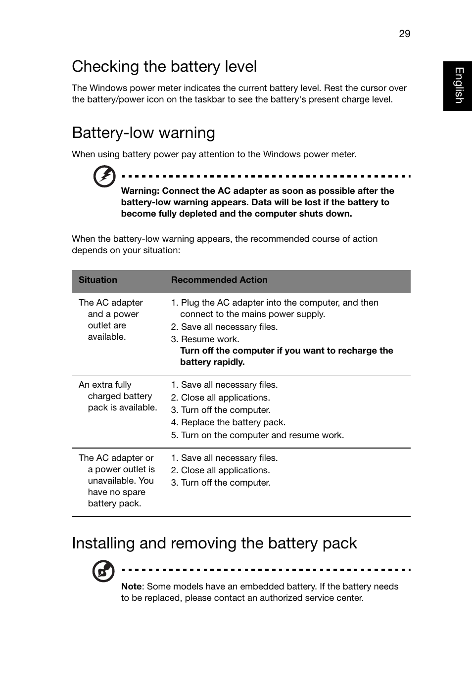 Checking the battery level, Battery-low warning, Installing and removing the battery pack | Acer Aspire E1-521 User Manual | Page 49 / 80