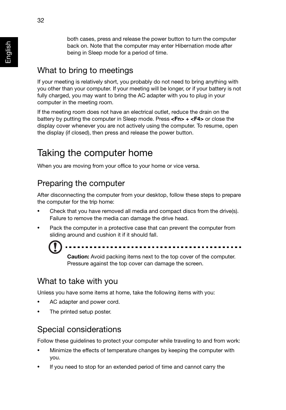 Taking the computer home, What to bring to meetings, Preparing the computer | What to take with you, Special considerations | Acer Aspire E1-521 User Manual | Page 52 / 80