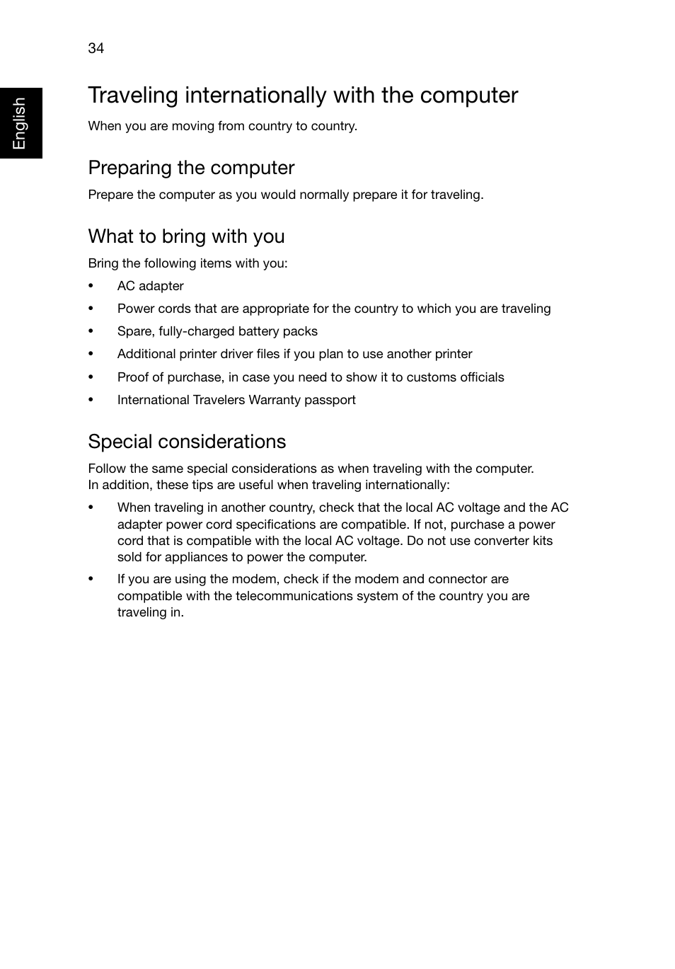 Traveling internationally with the computer, Preparing the computer, What to bring with you | Special considerations | Acer Aspire E1-521 User Manual | Page 54 / 80