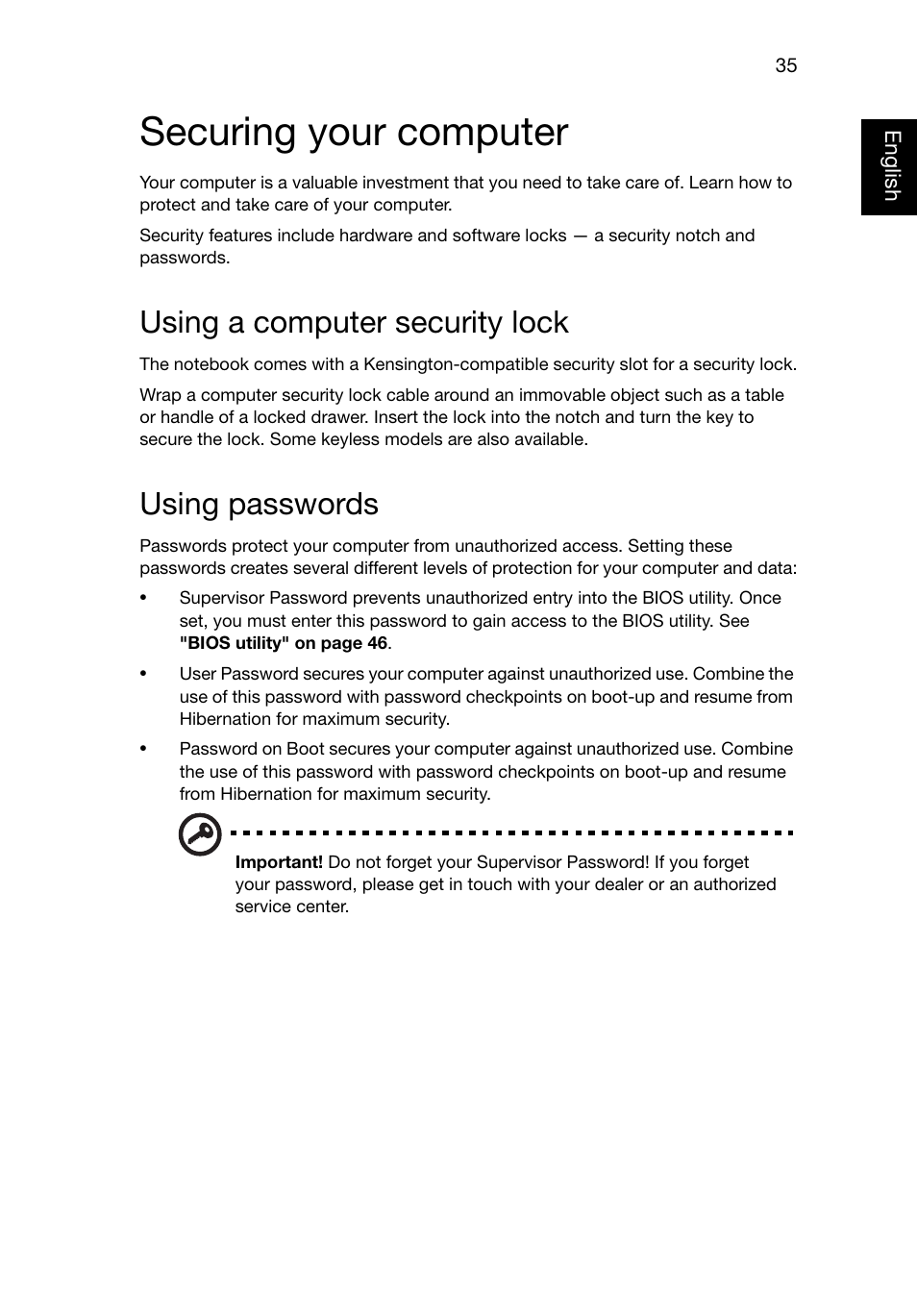 Securing your computer, Using a computer security lock, Using passwords | Acer Aspire E1-521 User Manual | Page 55 / 80