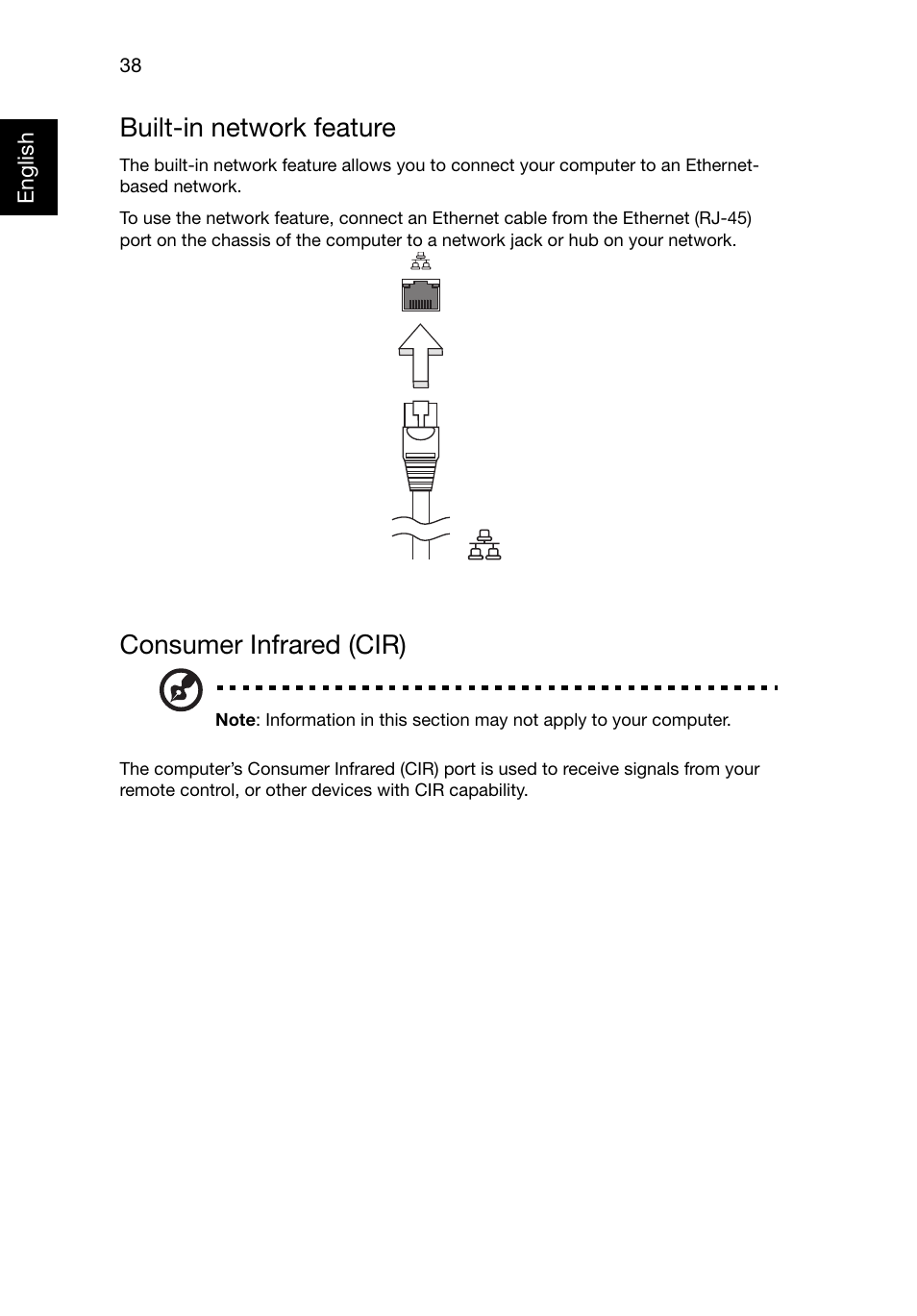 Built-in network feature, Consumer infrared (cir) | Acer Aspire E1-521 User Manual | Page 58 / 80