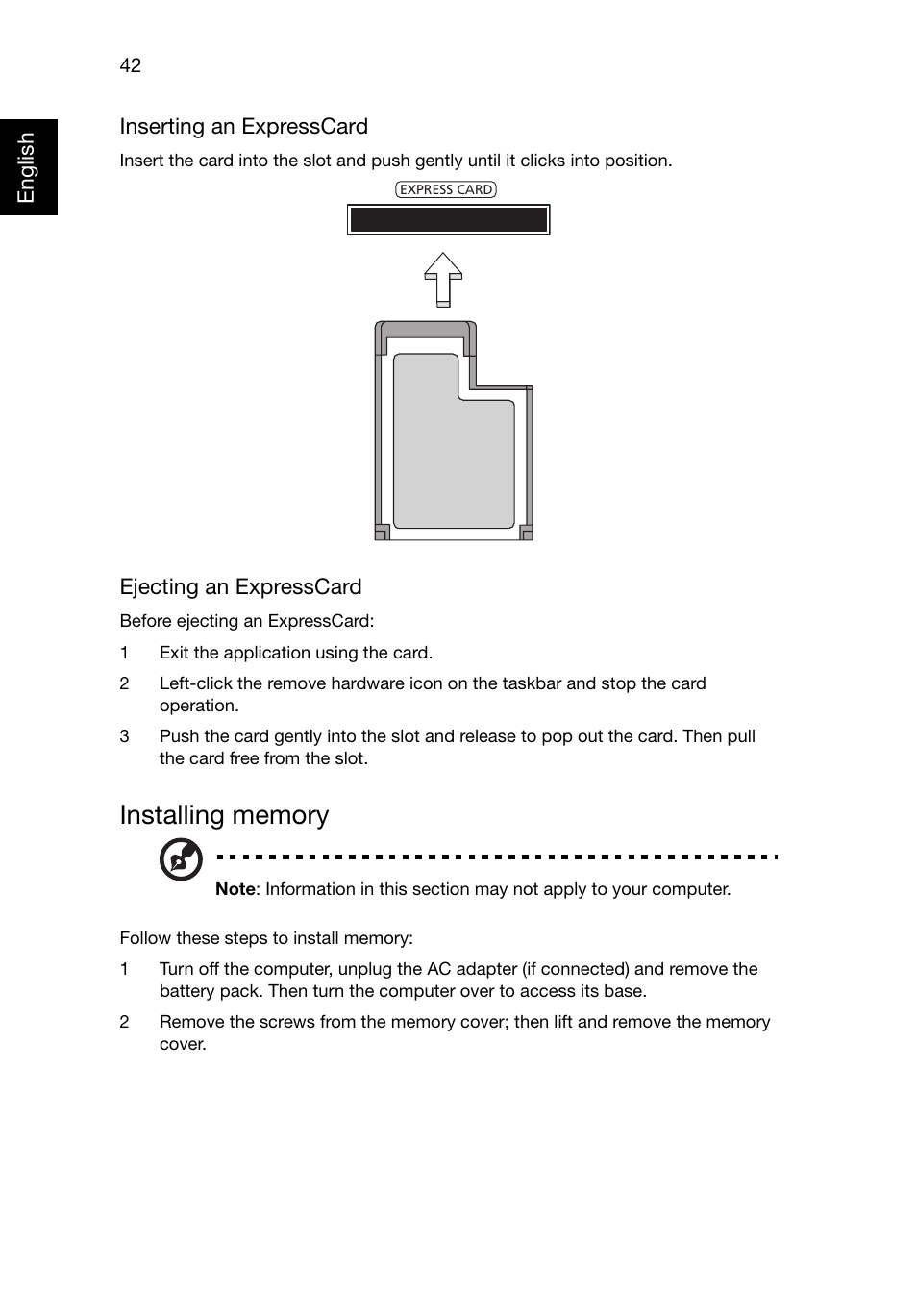 Installing memory | Acer Aspire E1-521 User Manual | Page 62 / 80