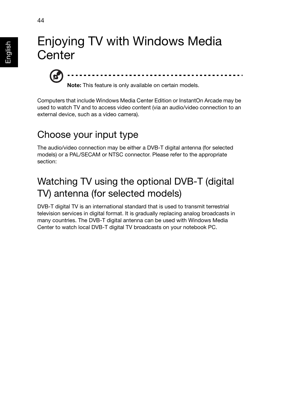 Enjoying tv with windows media center, Choose your input type | Acer Aspire E1-521 User Manual | Page 64 / 80