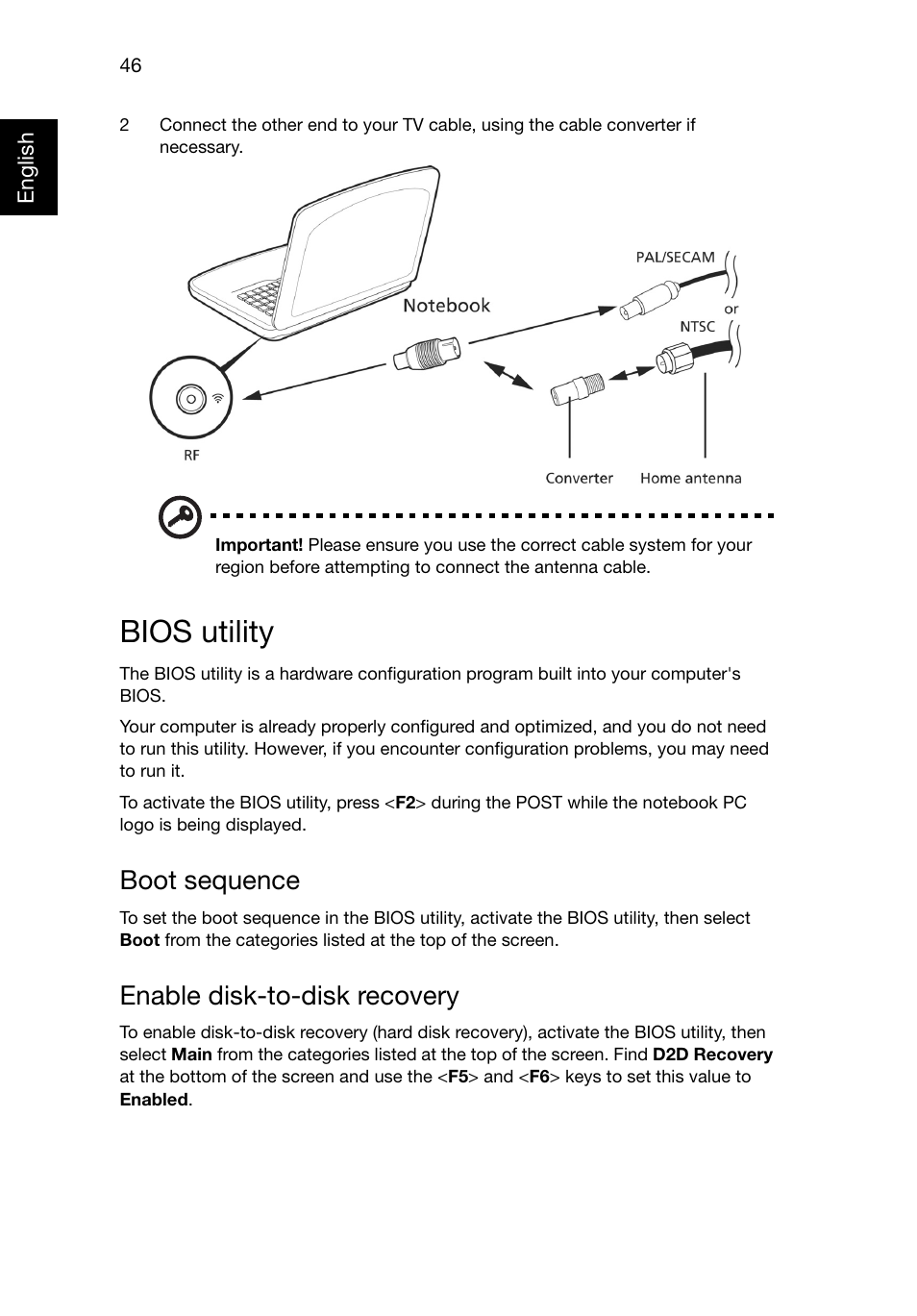 Bios utility, Boot sequence, Enable disk-to-disk recovery | Acer Aspire E1-521 User Manual | Page 66 / 80