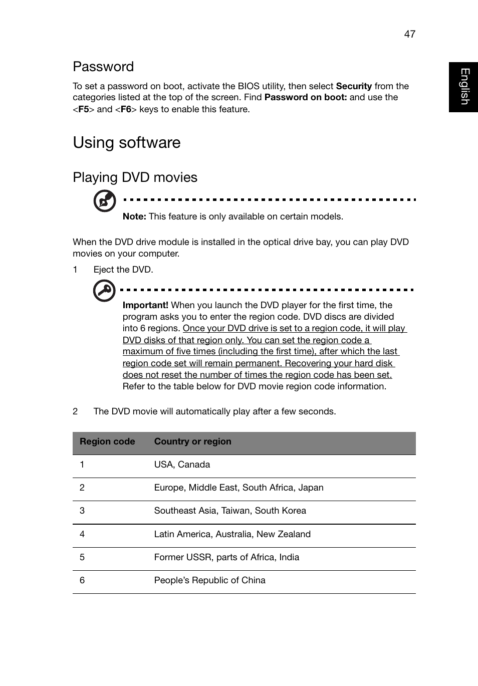 Using software, Password, Playing dvd movies | Acer Aspire E1-521 User Manual | Page 67 / 80