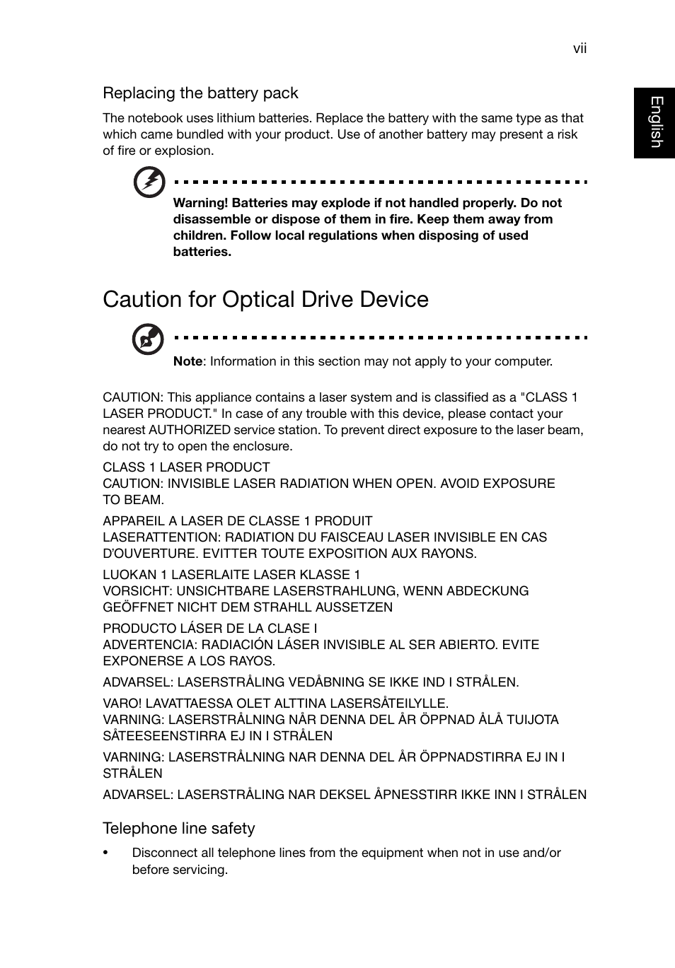 Caution for optical drive device | Acer Aspire E1-521 User Manual | Page 7 / 80
