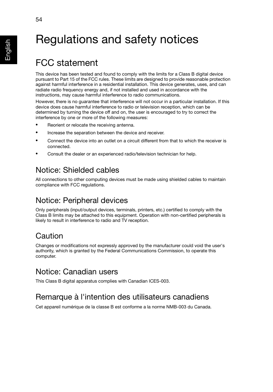 Regulations and safety notices, Fcc statement, Notice: shielded cables | Notice: peripheral devices, Caution, Notice: canadian users, Remarque à l'intention des utilisateurs canadiens | Acer Aspire E1-521 User Manual | Page 74 / 80