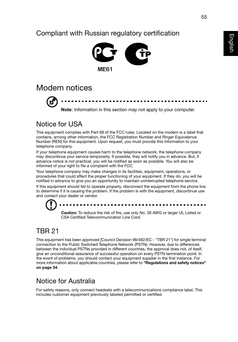 Modem notices, Compliant with russian regulatory certification, Notice for usa | Tbr 21, Notice for australia | Acer Aspire E1-521 User Manual | Page 75 / 80