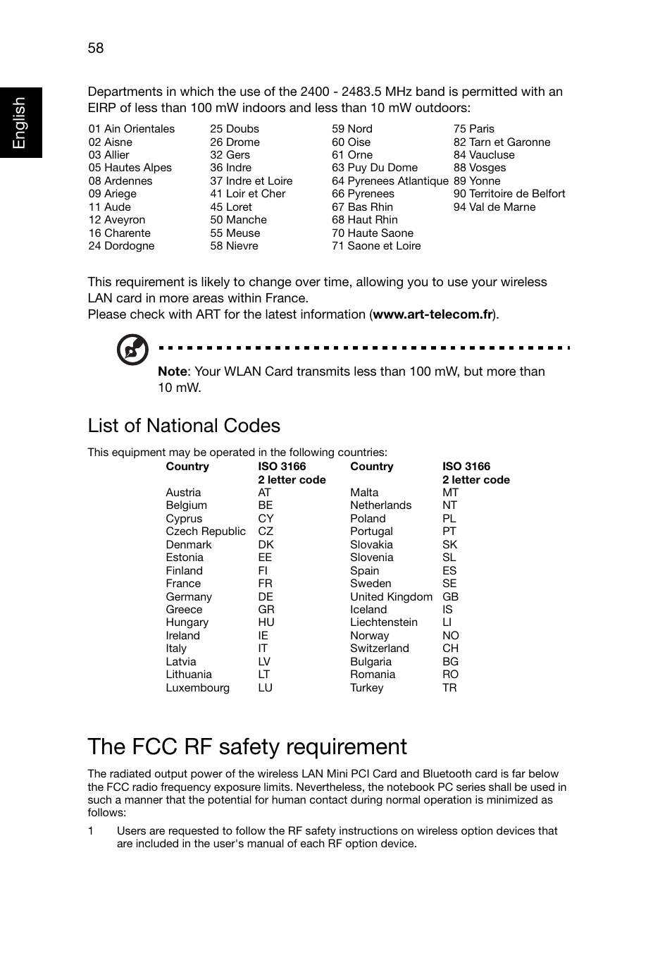 The fcc rf safety requirement, List of national codes, Englis h | Acer Aspire E1-521 User Manual | Page 78 / 80