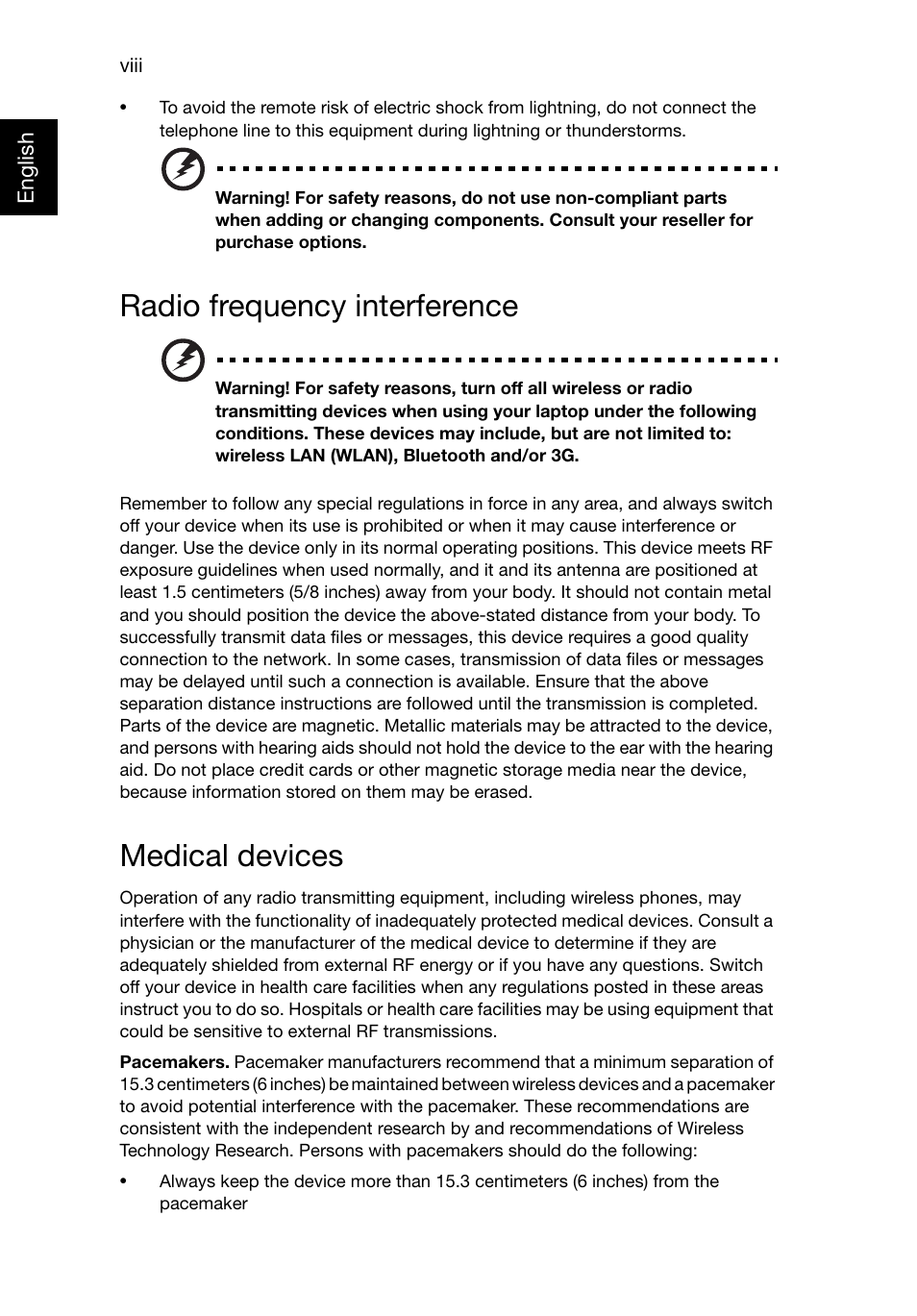 Radio frequency interference, Medical devices | Acer Aspire E1-521 User Manual | Page 8 / 80
