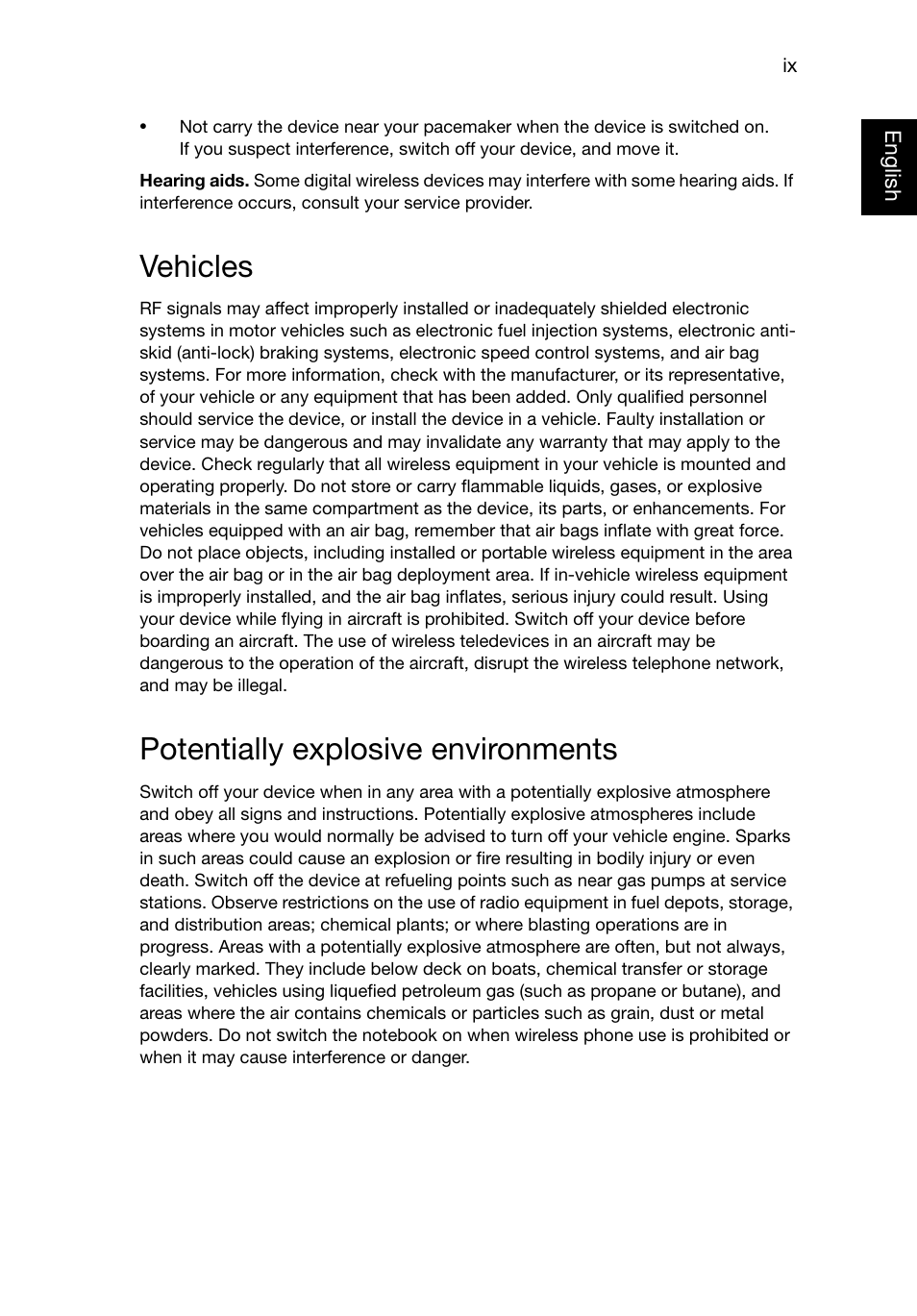 Vehicles, Potentially explosive environments | Acer Aspire E1-521 User Manual | Page 9 / 80