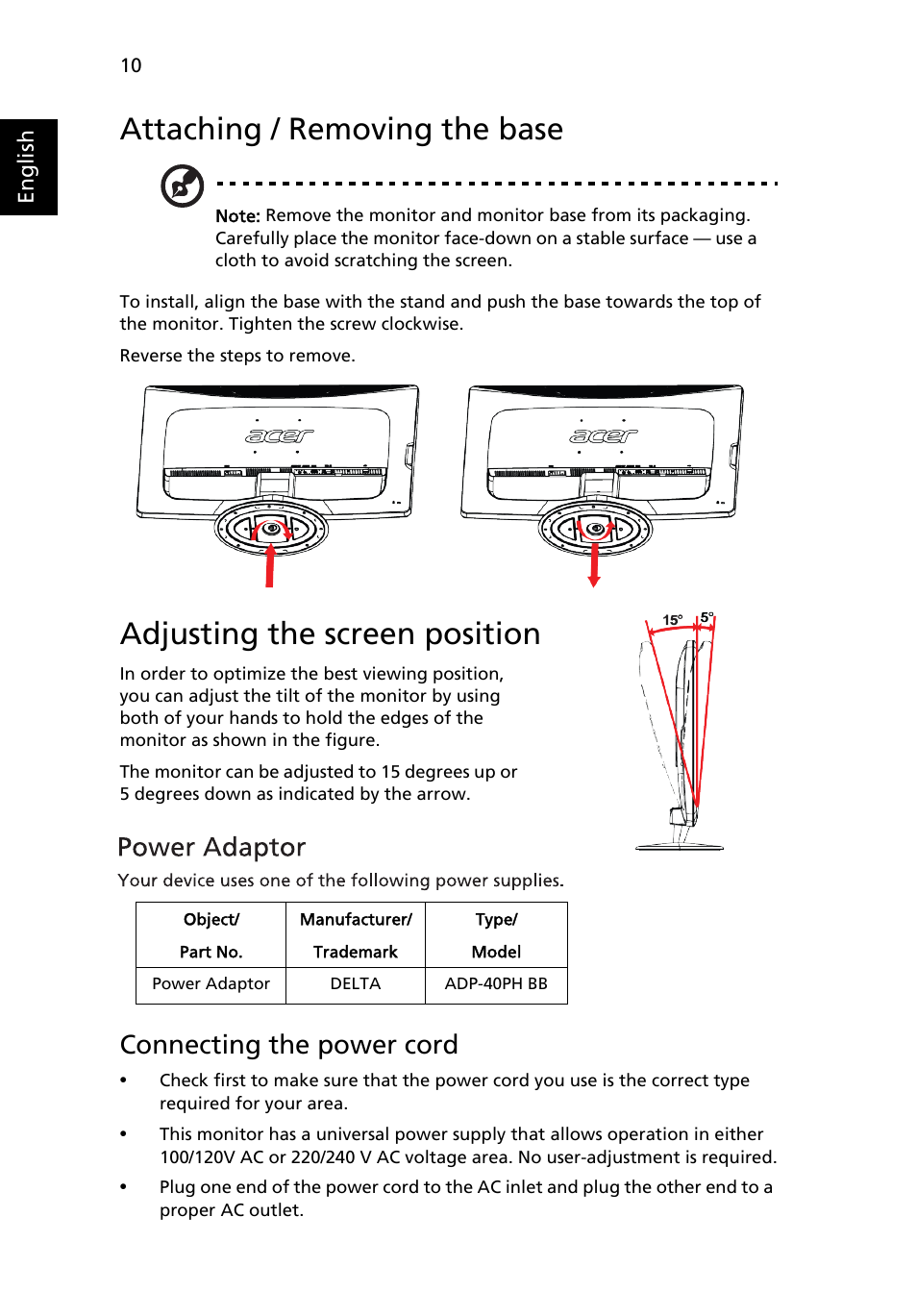 Attaching / removing the base, Adjusting the screen position, Connecting the power cord | Acer DW271HL User Manual | Page 10 / 31