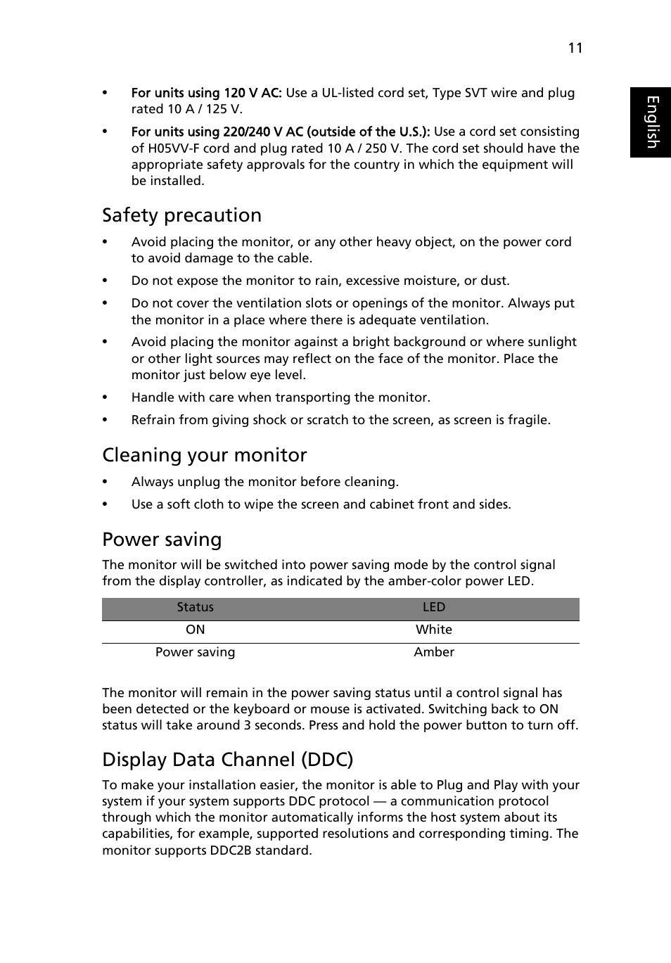 Safety precaution, Cleaning your monitor, Power saving | Display data channel (ddc) | Acer DW271HL User Manual | Page 11 / 31