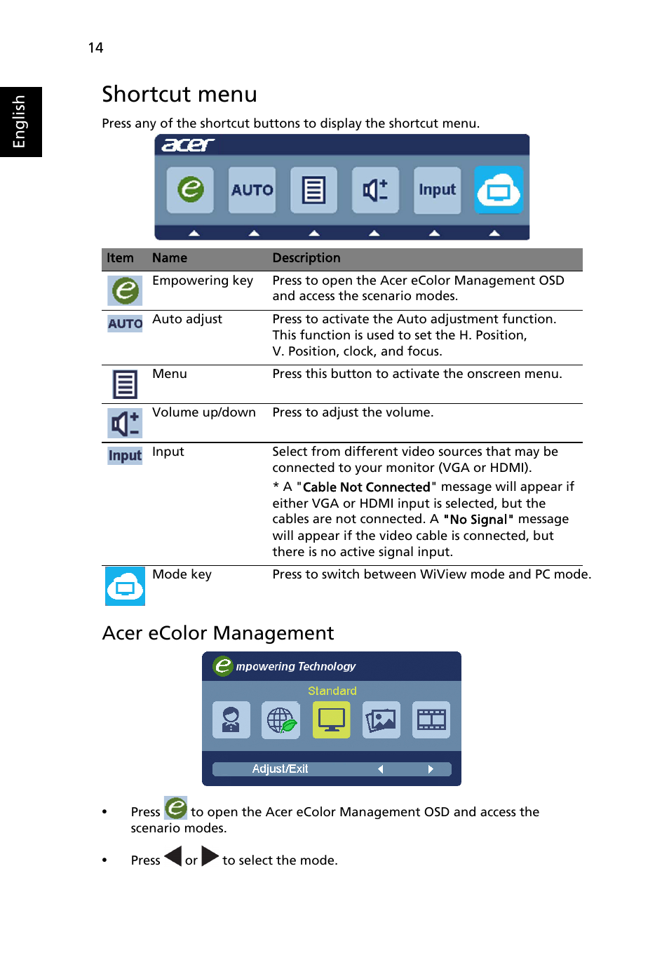 Shortcut menu, Acer ecolor management | Acer DW271HL User Manual | Page 14 / 31