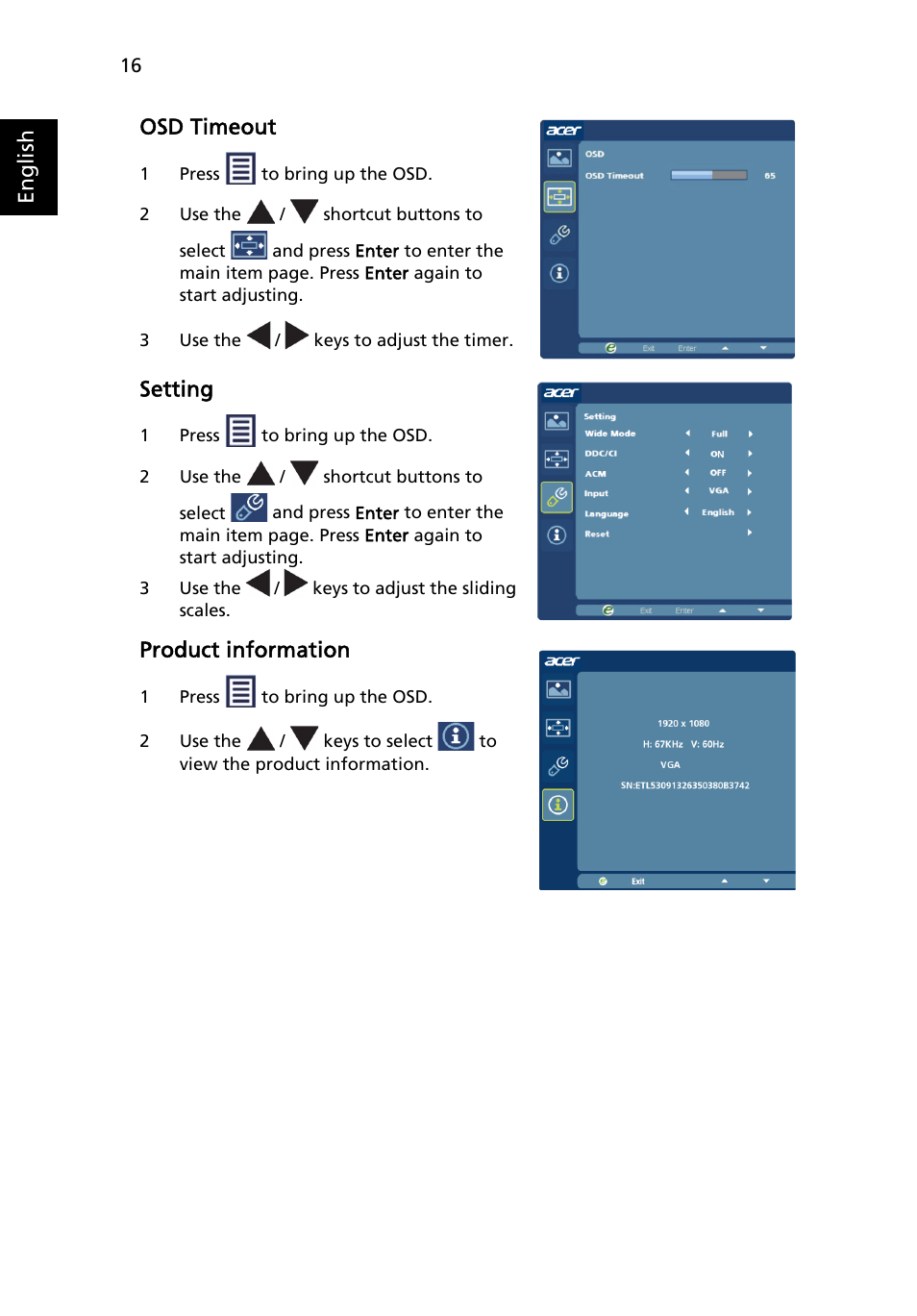 Osd timeout, Setting, Product information | English | Acer DW271HL User Manual | Page 16 / 31