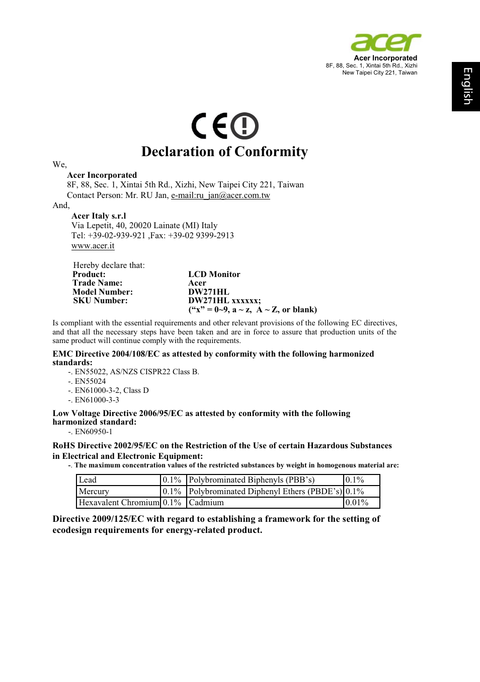 Declaration of conformity, Eng lis h | Acer DW271HL User Manual | Page 29 / 31