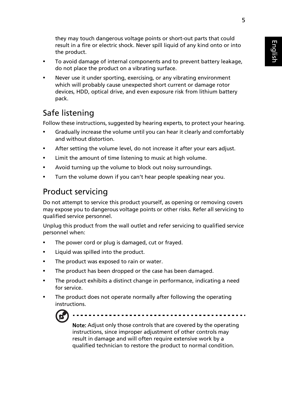 Safe listening, Product servicing | Acer DW271HL User Manual | Page 5 / 31