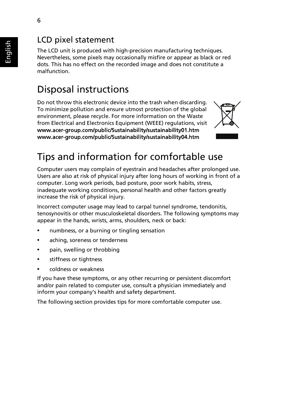 Disposal instructions, Tips and information for comfortable use, Lcd pixel statement | Acer DW271HL User Manual | Page 6 / 31