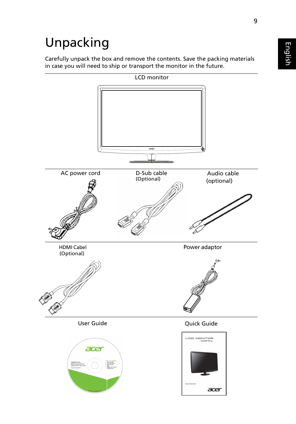 Unpacking | Acer DW271HL User Manual | Page 9 / 31