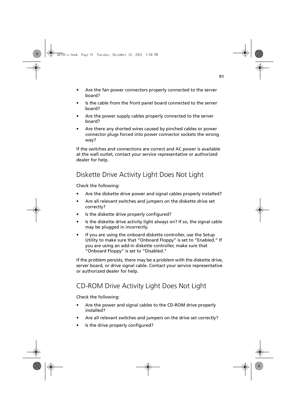 Diskette drive activity light does not light, Cd-rom drive activity light does not light | Acer Altos R701 User Manual | Page 101 / 135