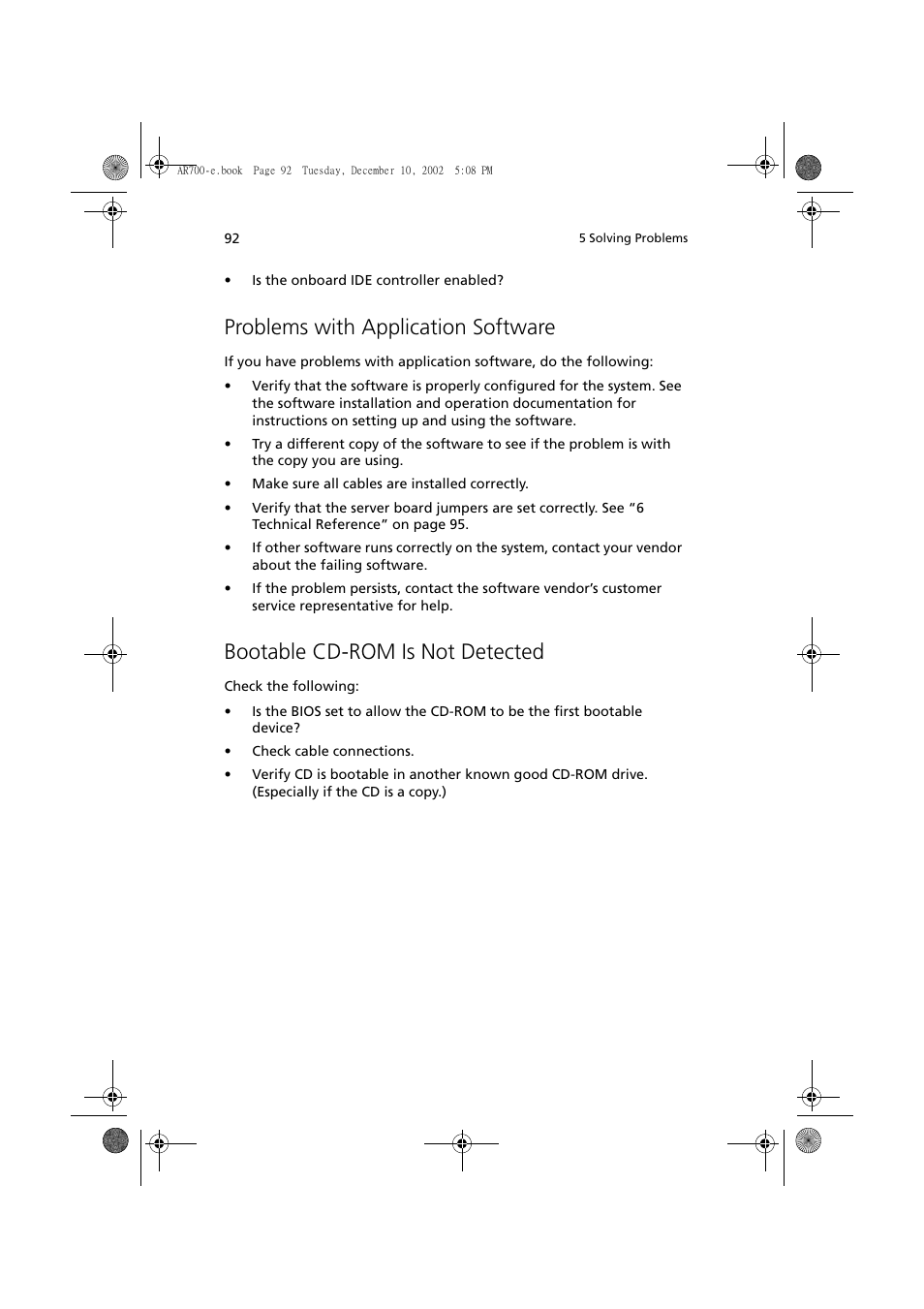 Problems with application software, Bootable cd-rom is not detected | Acer Altos R701 User Manual | Page 102 / 135